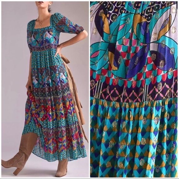 Anthropologie Dresses & Skirts - Anthropologie Abstract Print Puff Sleeves Pleated Metallic Plumeti Maxi Dress S
